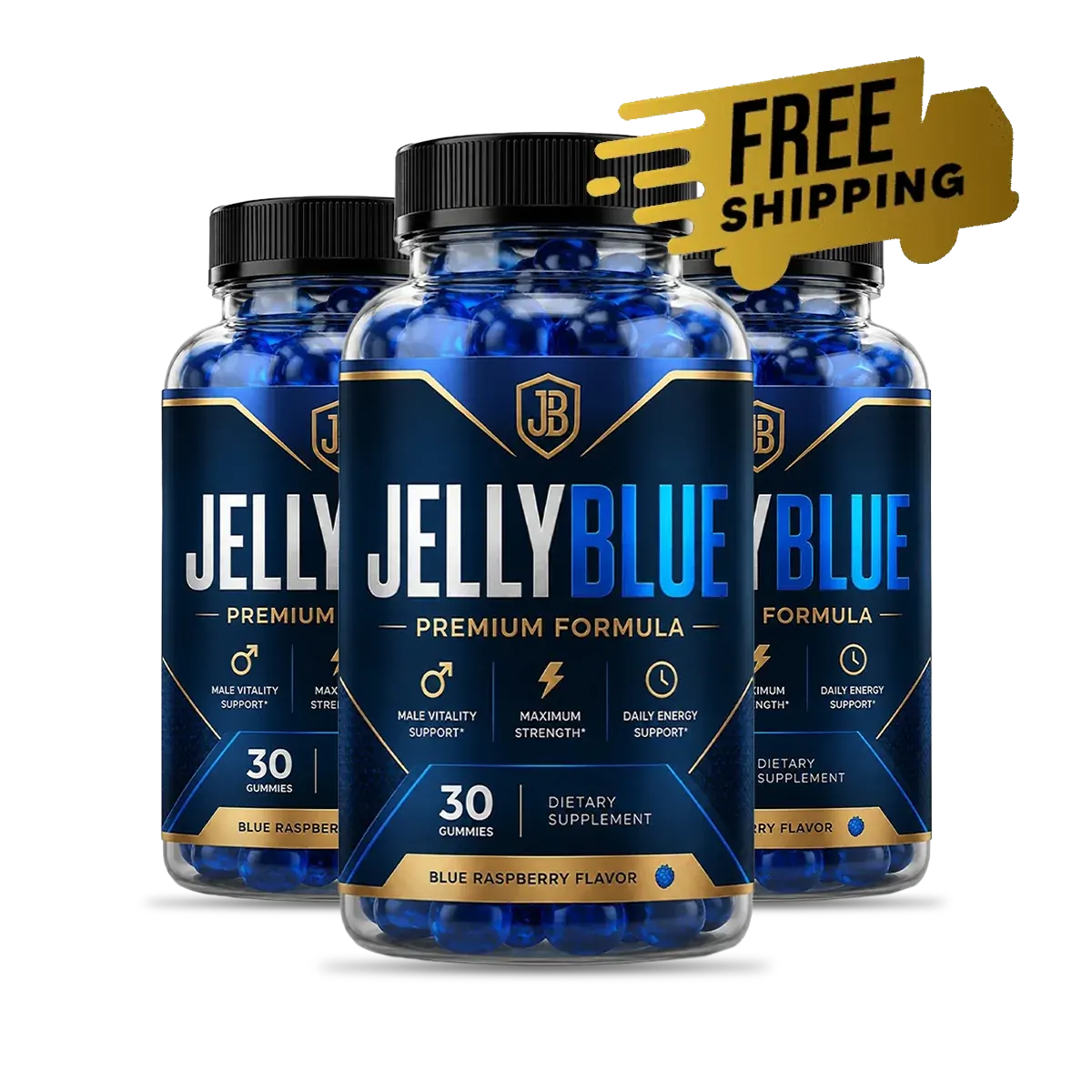 Three bottles of Jellyblue with a free-shipping flag
