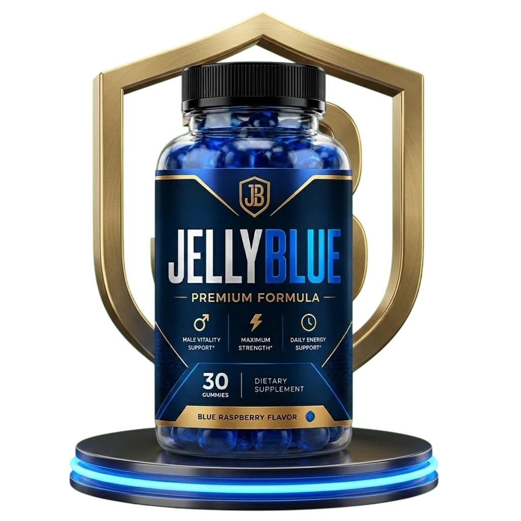 Jellyblue bottle on a gold crest