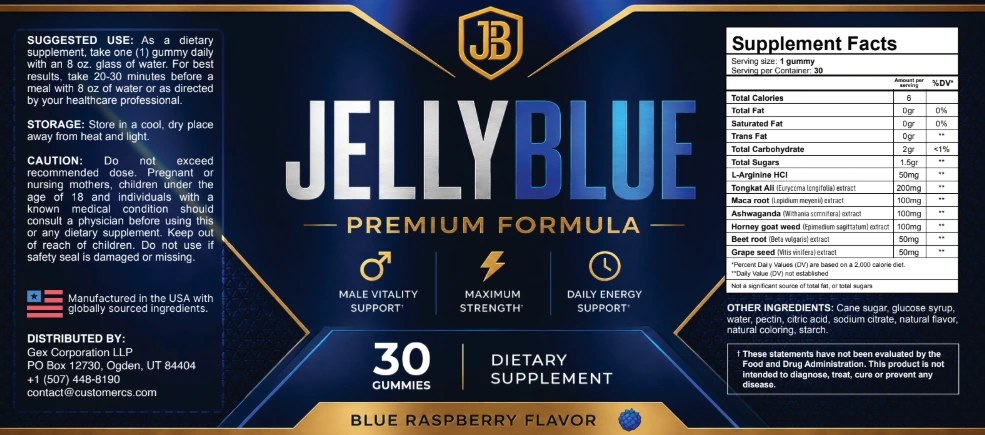 The complete Jellyblue label artwork: directions and warning on the left, front panel in the middle, Supplement Facts on the right