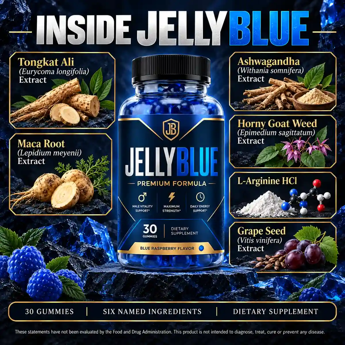 Inside Jellyblue: tongkat ali, maca root, ashwagandha, horny goat weed, L-arginine HCl and grape seed